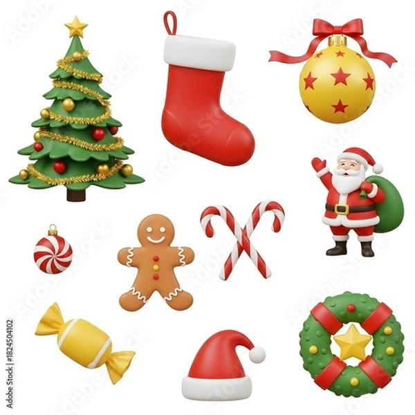 Obraz A set of holiday icons showcasing Santa Claus, a Christmas tree, and assorted festive decorations.