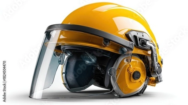 Fototapeta Protective Safety Gear: A close-up shot of a bright yellow construction helmet, complete with a clear visor and integrated ear protection. Emphasizing safety and workplace preparedness.