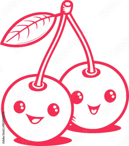 Obraz Smiling Cartoon Cherries with Leaf and Stems
