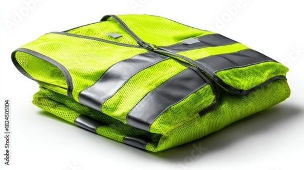 Fototapeta Safety Vest: A neon yellow safety vest is neatly folded, highlighting its reflective strips, crucial for visibility in low-light conditions. This image embodies protection, diligence.