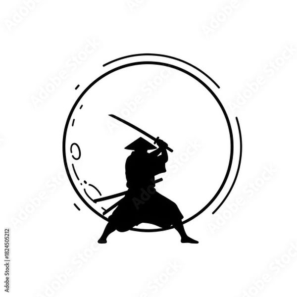 Obraz A dark silhouette of a samurai poised with a sword against a light background.