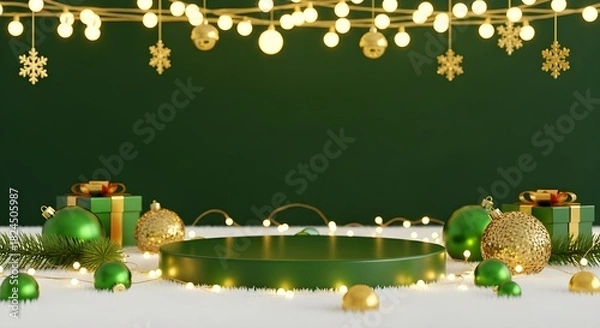 Obraz An assortment of Christmas decorations featuring red and gold accents on a vivid green background, celebrating the season.