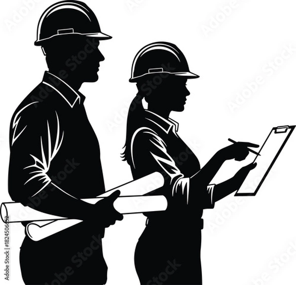 Fototapeta Black silhouettes of a male and female construction manager, architect, or engineer in hard hats reviewing blueprints and project notes on a clipboard.