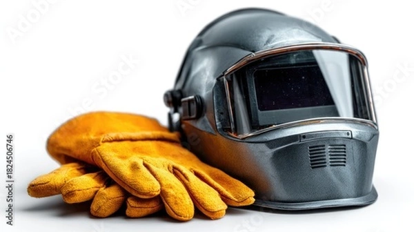 Fototapeta Welder's Essential Equipment: A close-up shot of a welding helmet and heavy-duty gloves, symbolizing protection and craftsmanship in industry.