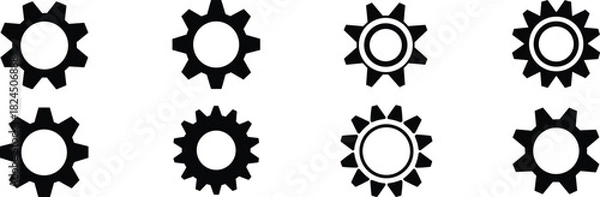 Fototapeta Collection of eight black and white gear, cogwheel, and sprocket icons representing engineering, mechanical power, setting, and industry concepts.