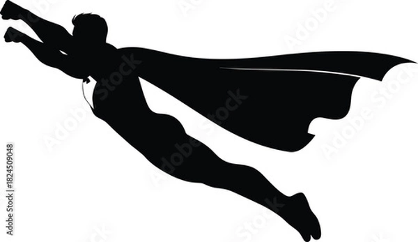 Fototapeta Flying superhero silhouette, wearing a flowing cape, surging forward with power and determination to save the day and achieve greatness