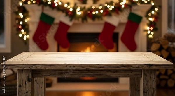 Obraz Rustic wooden table in front of a cozy christmas fireplace with stockings