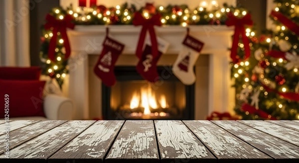 Obraz Cozy christmas fireplace scene with stockings, tree, and wood table