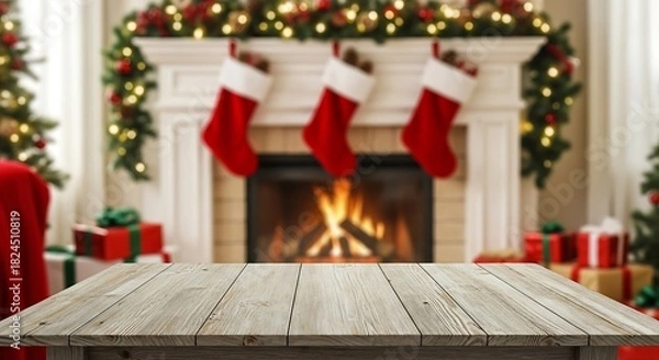 Fototapeta Cozy christmas fireplace scene with a rustic wooden table in foreground