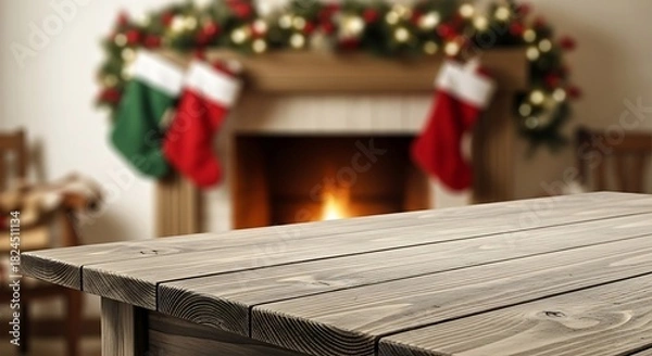 Obraz Wooden table in front of a cozy fireplace with christmas stockings