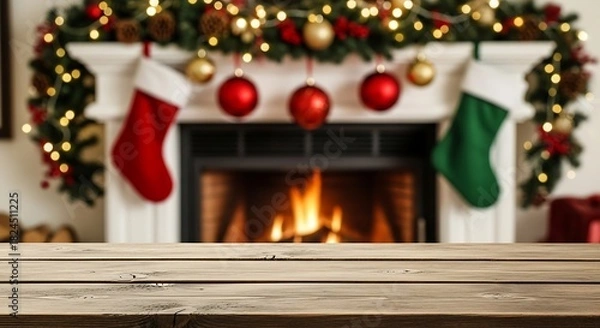 Obraz Cozy christmas fireplace with stockings and warm glowing fire