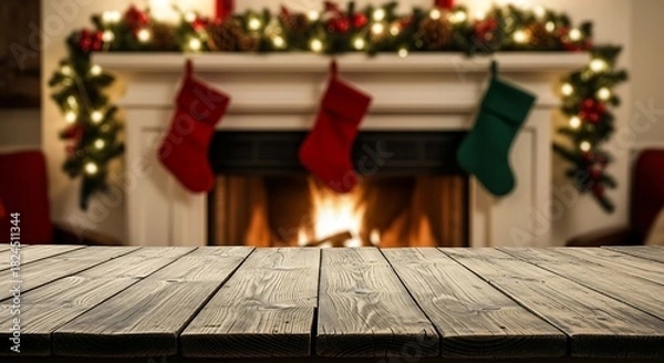 Obraz Cozy christmas fireplace with stockings and warm glow on wooden table