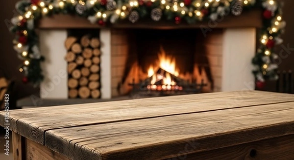 Fototapeta Cozy christmas fireplace with glowing fire and wooden table surface.