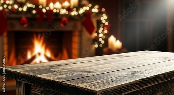 Obraz Empty wooden table in front of a cozy fireplace with christmas decorations