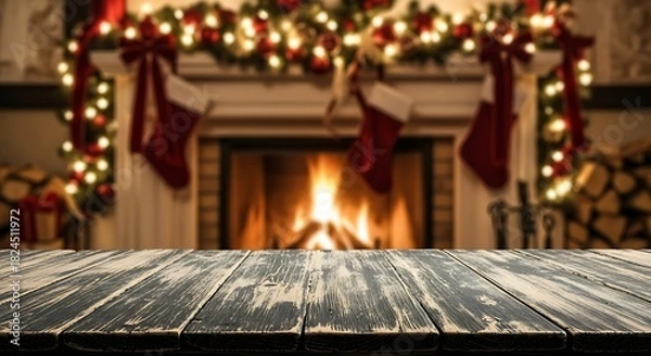 Obraz Cozy christmas fireplace with stockings and rustic table for display