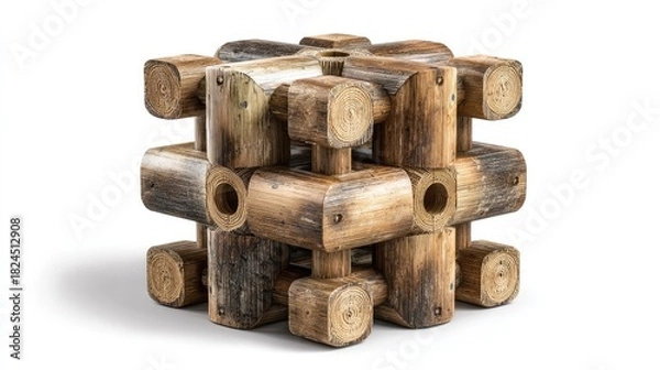 Fototapeta Intricate Wooden Block Sculpture: A meticulously crafted wooden block sculpture, showcasing a unique design with interlocking pieces and the natural beauty of the wood's grain and texture. 