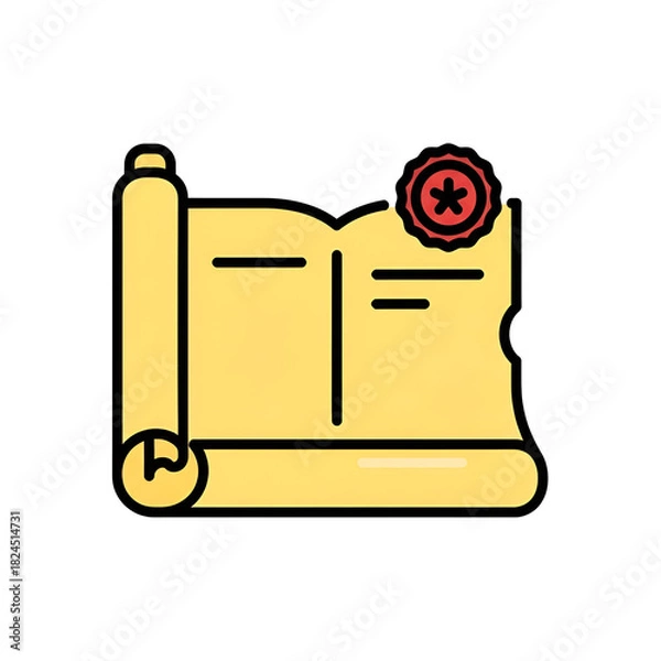 Fototapeta Open scroll or ancient document with a red seal, representing history, law, or certification isolated on transparent background