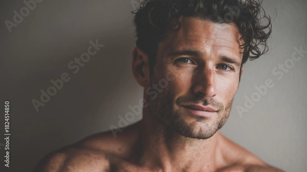 Fototapeta Handsome shirtless man portrait with right copy space