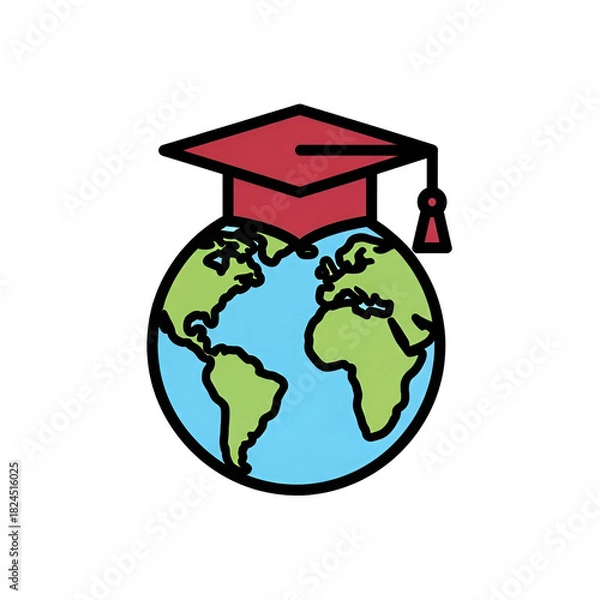 Fototapeta Global education concept with graduation cap on world map, isolated on transparent background
