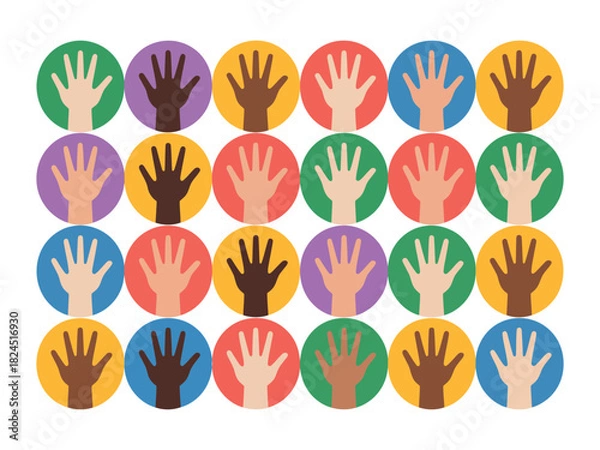 Fototapeta A diverse collection of hands displayed in colorful circles represents unity and inclusion.