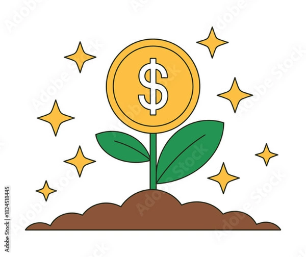 Fototapeta A golden dollar coin grows from a plant in the soil, symbolizing financial growth.