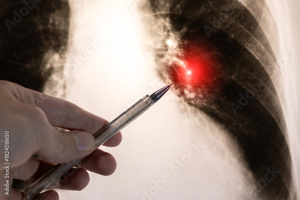 Fototapeta Doctor learn X-ray picture with pneumonia, fluorography. Diagnostics of human lung and respiratory tract diseases.