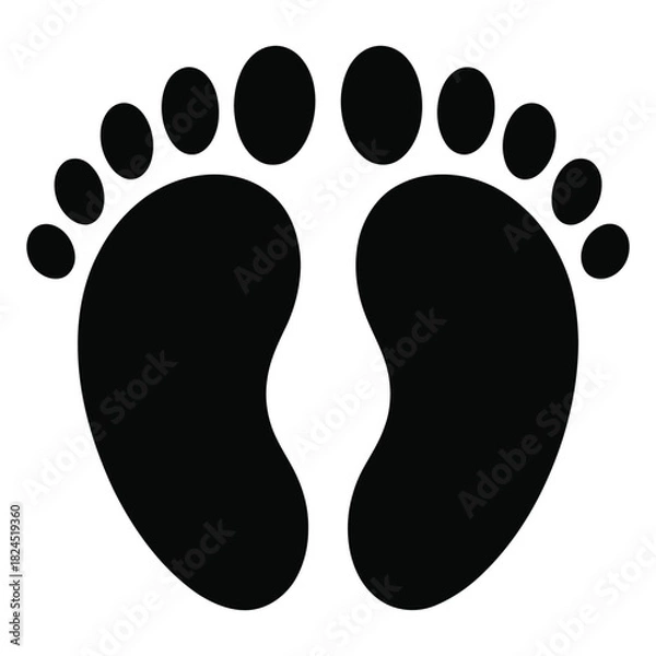 Fototapeta A pair of black human footprints, clearly showing the shape of the sole and toes, facing upwards, symbolizing walking, movement, or the presence of a person, isolated on
