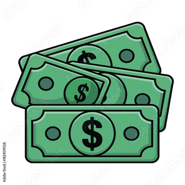 Obraz A stack of green dollar bills, representing money, finance, wealth, and payment, is neatly arranged and displayed, isolated on a
