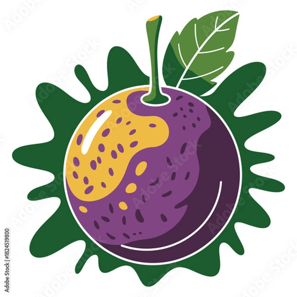 Fototapeta A vibrant and stylized illustration of a whole passion fruit, featuring its rich purple and bright yellow skin, complete with a green stem and leaf, set against a dynamic dark green splash design