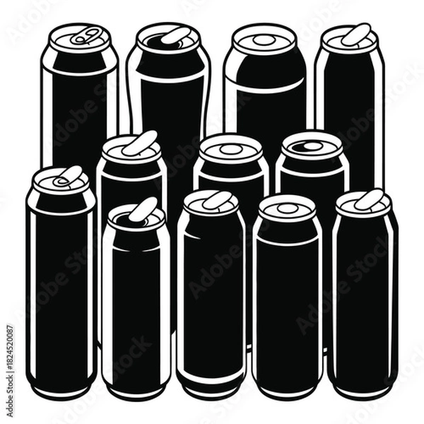 Fototapeta Black and white illustration of a group of assorted aluminum beverage cans, some open and some closed, standing together, representing refreshment containers, isolated on