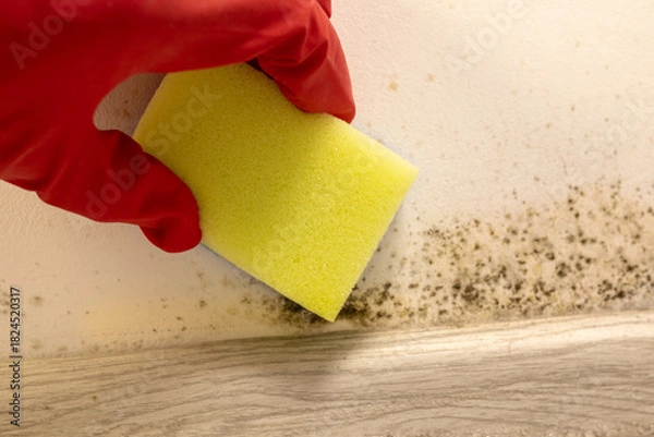 Obraz Hand clean black mold fungus growing on the wall under baseboard with sponge. Dampness problem concept. Condensation at home.