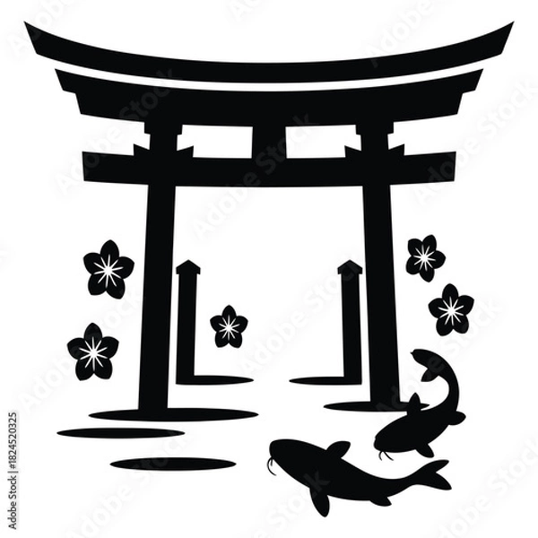 Fototapeta Black silhouette of a traditional japanese torii gate, delicate cherry blossoms, and graceful koi fish, symbolizing peace, nature, and cultural harmony, isolated on