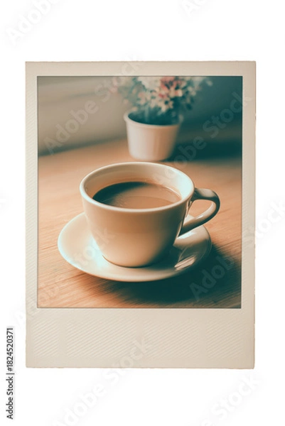 Fototapeta Morning Brew: A close-up shot of a cup of coffee on a saucer, sitting on a wooden surface with a small flower vase background. Captured a calm and peaceful morning routine.