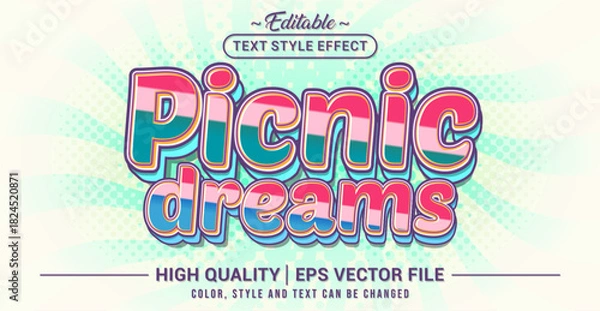 Obraz Editable text effect vector “Picnic Dreams”, featuring cheerful, soft, outdoor-inspired lettering that captures cozy picnic vibes, sunny relaxation, and lighthearted summer moods.