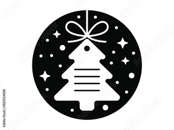 Fototapeta A christmas tree tag with a bow on a black circle with stars and dots around