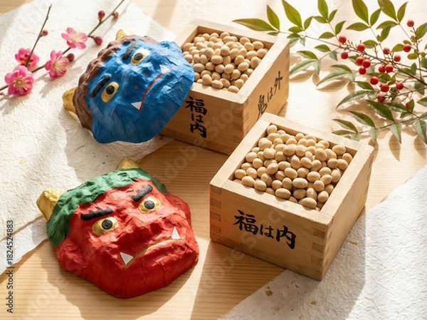 Obraz 節分の豆と鬼の面