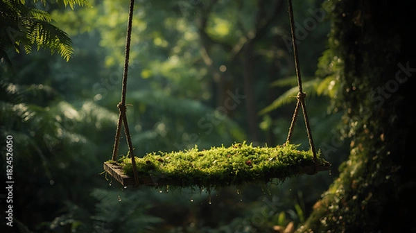 Fototapeta Enchanting Moss Covered Swing Hanging in a Lush Green Forest with Dew Drops, Creating a Serene and Magical Atmosphere in Nature's Embrace