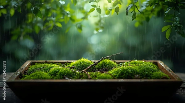 Fototapeta Lush Green Moss in a Wooden Tray Under a Gentle Rain, Creating a Serene and Natural Scene, Perfect for Backgrounds, Textures, or Nature-Themed Designs