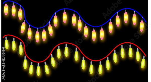 Fototapeta String of glowing yellow holiday light bulbs on blue and red wire