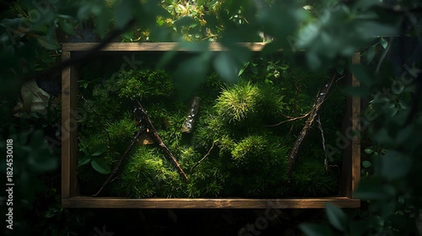 Fototapeta Moss Terrarium in Wooden Frame with Twigs and Water Droplets, Lush Greenery, Tranquil Nature Scene, Perfect for Biophilic Design and Sustainable