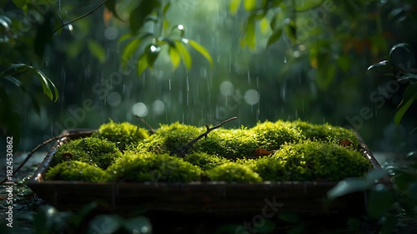 Fototapeta Lush Green Moss in Wooden Tray Under Gentle Rain in Forest, Serene Nature Scene with Soft Lighting and Bokeh, Tranquil Environment and Fresh Atmosphere