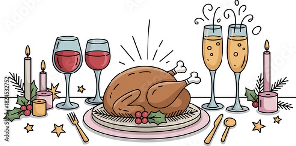 Fototapeta Christmas Holiday Dinner Table Setting with Roast Turkey, Wine, and Champagne