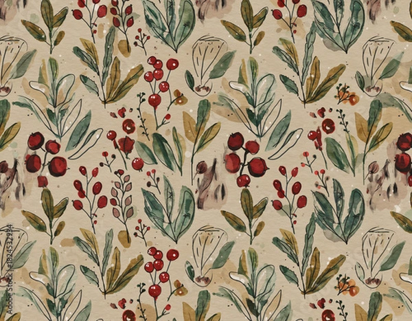 Obraz Seamless botanical pattern with watercolor sprigs, berries, mistletoe, and branches on beige background for holiday wrapping paper, fabric, and seasonal design