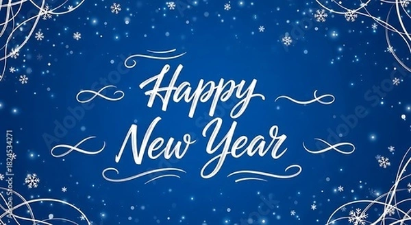 Fototapeta Festive Happy New Year Illustration with Snowflakes and Sparkling Design Elements on a Deep Blue Background Celebrating the Arrival of the New Year with Joy and Excitement