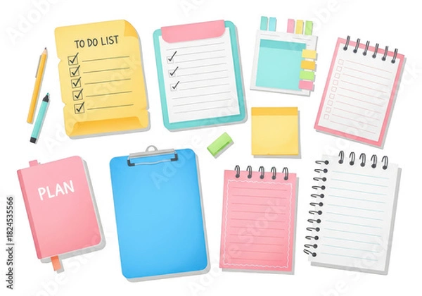 Fototapeta Collection of colorful stationery items including to do lists, notepads, clipboards, and planner book isolated on transparent background