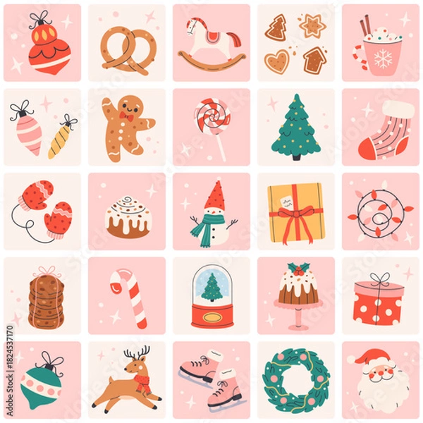 Obraz Seamless pattern with cute Christmas festive elements. Perfect for Christmas cards, posters, wrapping paper, and seasonal design projects. Flat vector illustration