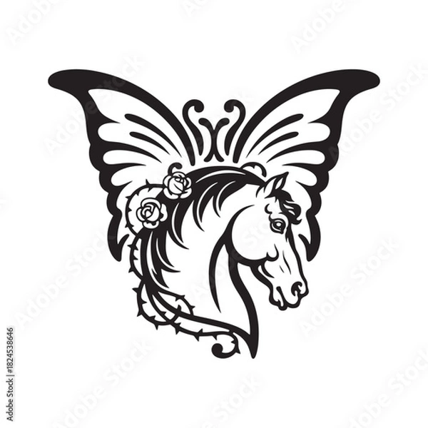 Obraz Horse head with butterfly wings and roses line art
