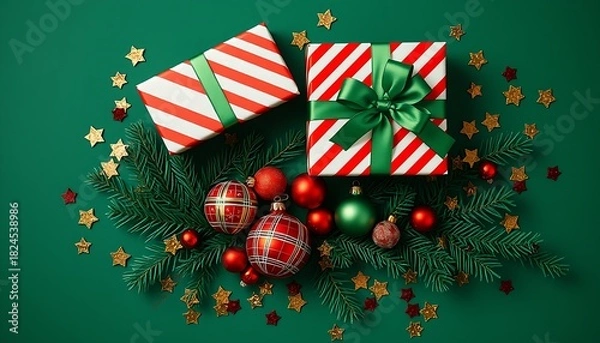 Fototapeta Traditional green fir Christmas wreath with red ribbon, bells, and holiday ornaments on a white background for a winter season decoration