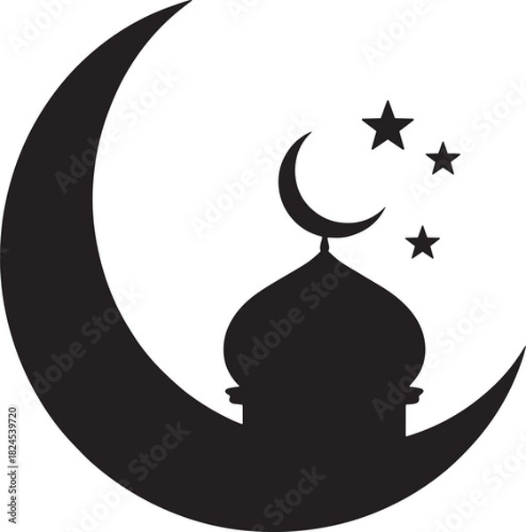 Obraz Islamic Crescent Moon with Mosque Dome and Stars Silhouette