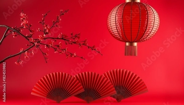Fototapeta Bright red Chinese New Year lantern decoration concept, a shiny vector sphere design symbol